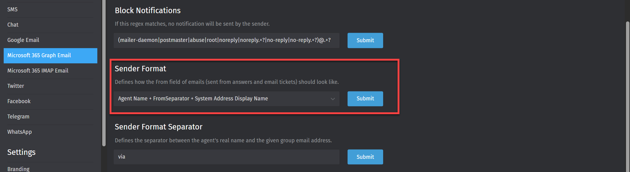 MS365 Graph Api Mail channel ignores Sender Format - Technical