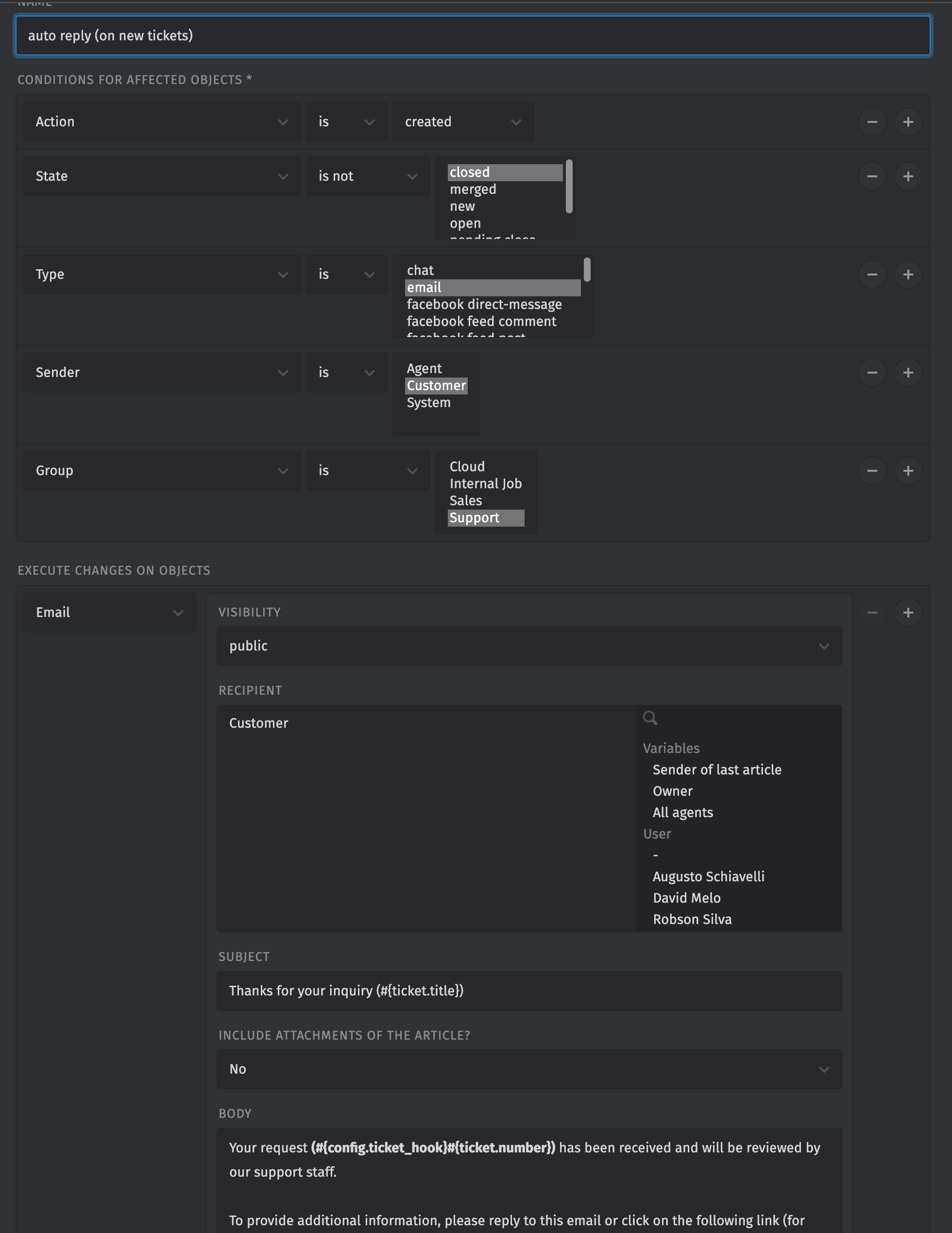 Auto reply on create new tickets - Technical assistance - Zammad