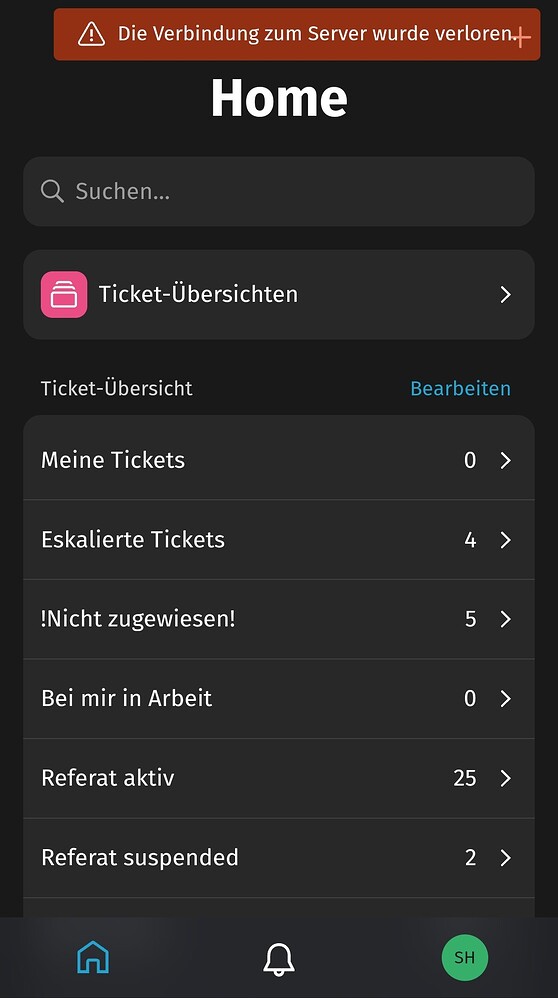 Zammad mobile view connection to server lost Technical assistance