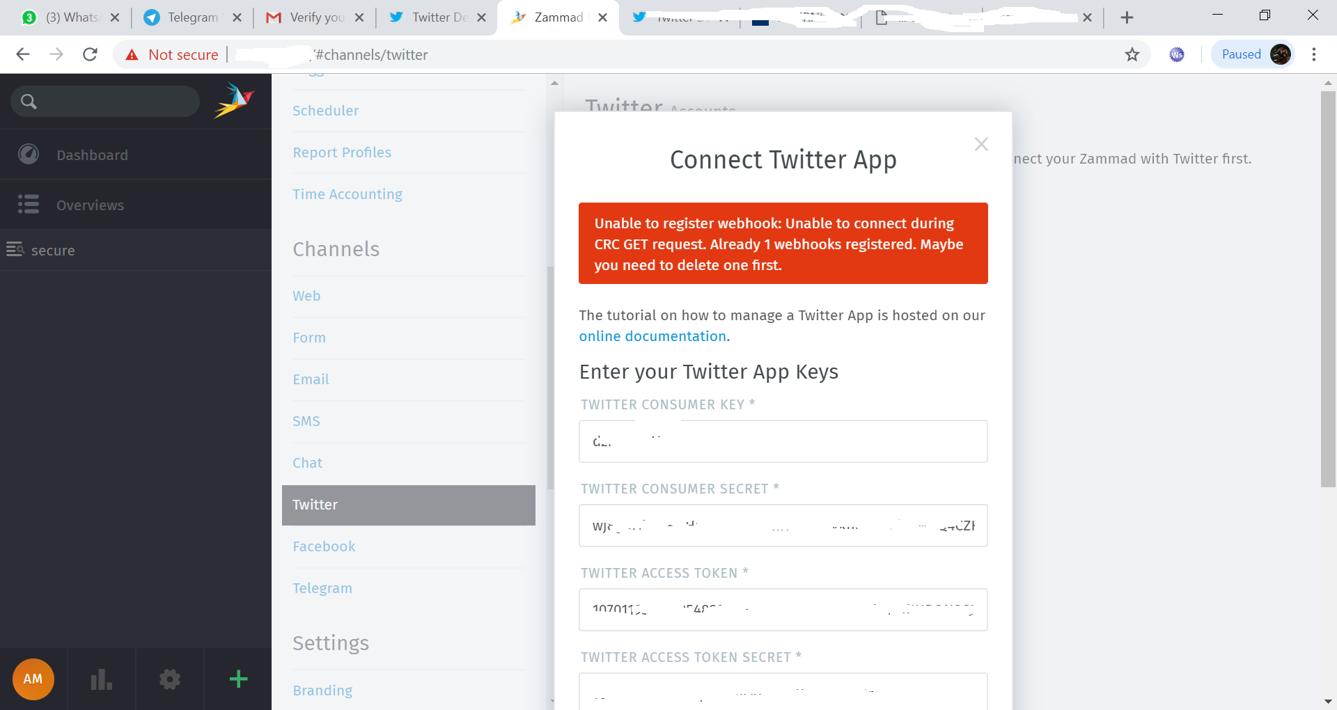 "Unable to register webhook" when connect to twitter.