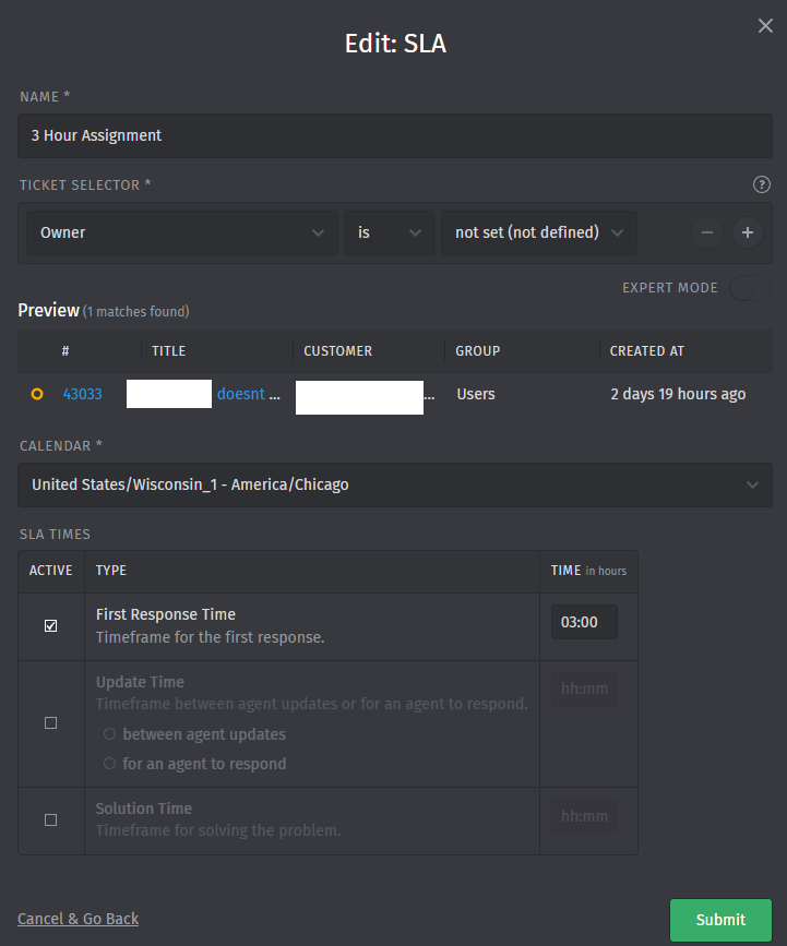 Not understanding how to set up SLAs for escalation, changing the SLA ...